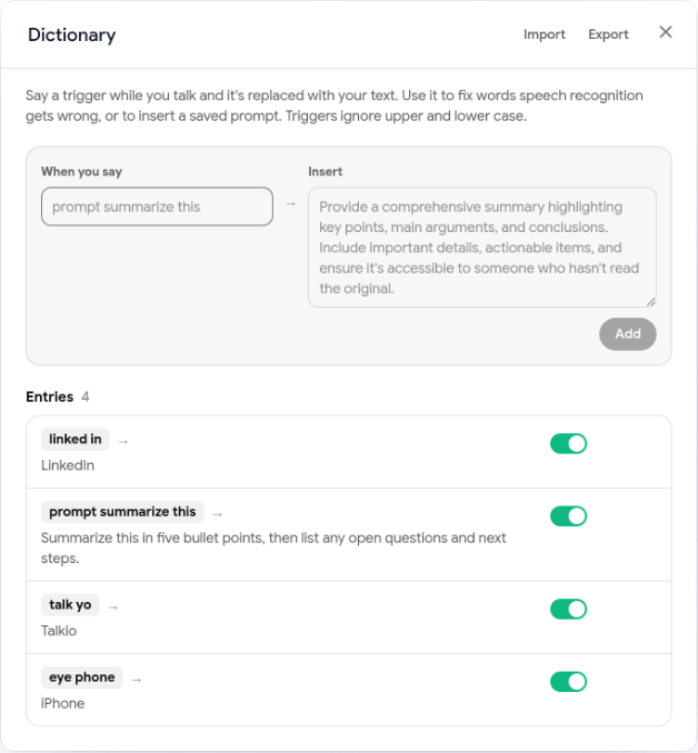 The Dictionary, with phrases that expand into prompts and word corrections