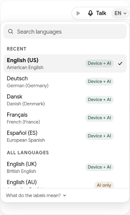 The language picker with recent languages at the top and labels showing which languages have a voice on your device