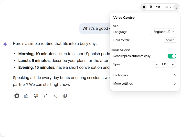 A Gemini reply with the Voice Control menu open, showing read aloud and speed settings